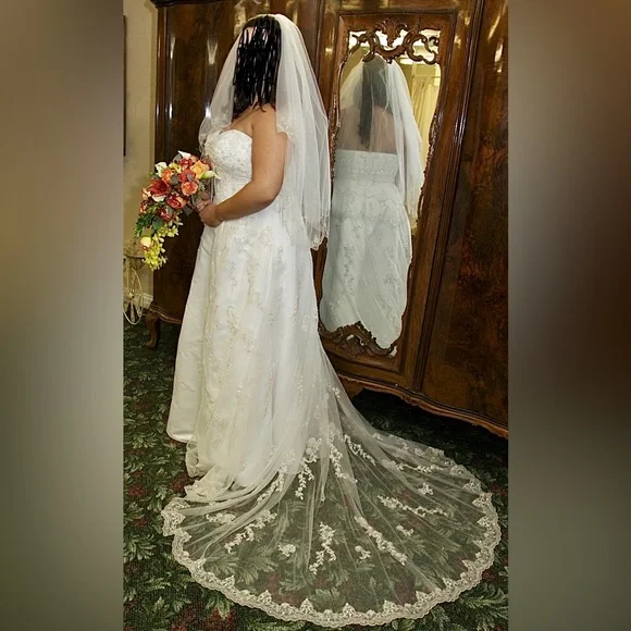 David's Bridal | Dresses | Gorgeous Wedding Dress Beaded Detailed Overlay  Matching Beaded Veil Size 4w | Poshmark